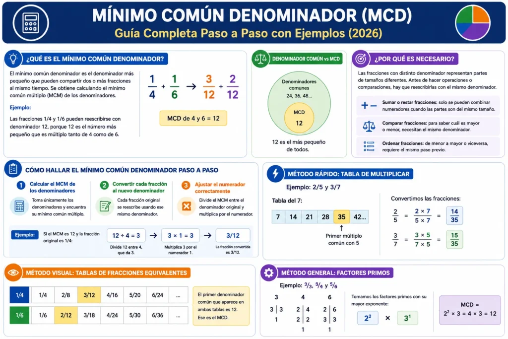 Mínimo Común Denominador (MCD) Guía Completa Paso a Paso con Ejemplos (2026)
